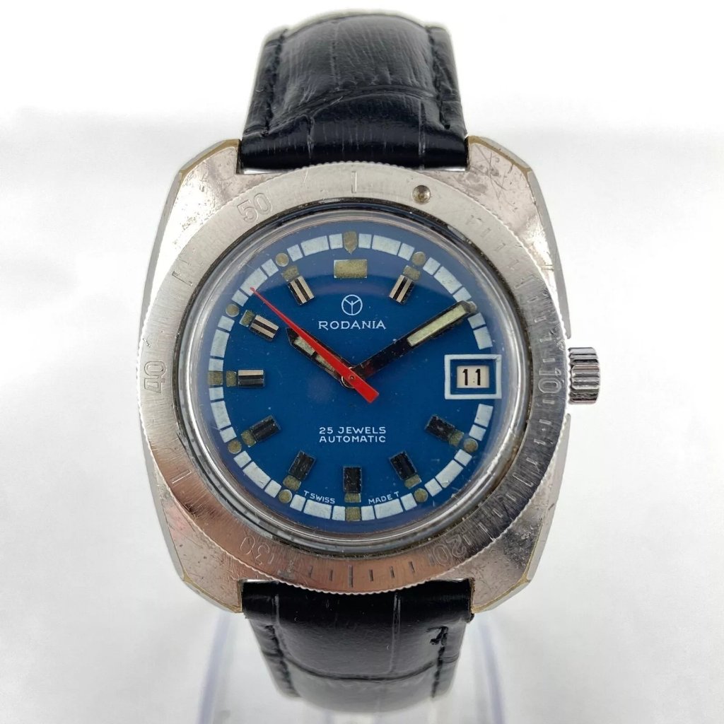 Vintage Rodania 25 Jewel Mens Automatic Wristwatch As 1913 Steel Blue Dial Diver